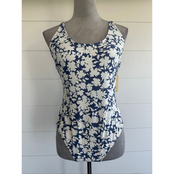 Michael Kors Other - Michael Kors One Piece Swimsuit Women Size 16 Blue & White Floral Lace Up Back N